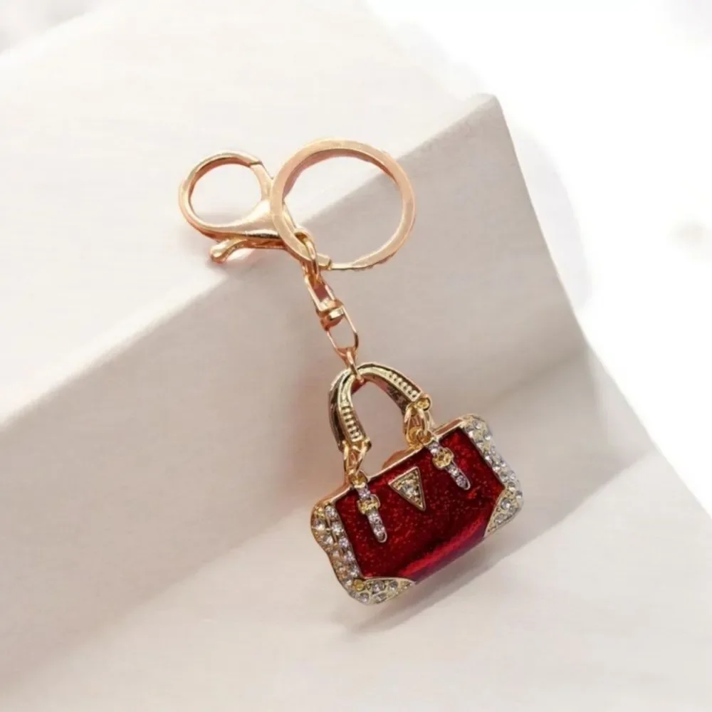 Red Mini Handbag Purse Charm Keychain Rhinestone Gold Bag Clip Enamel Accessory